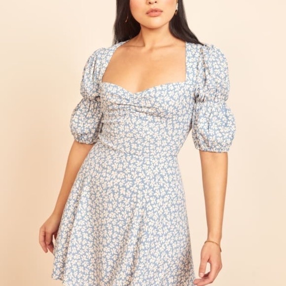 Reformation Dresses & Skirts - Reformation Light Blue and White Puff-Sleeve Square-Neck Mini Dress